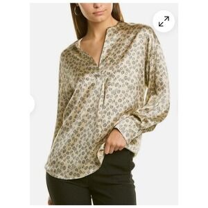 Vince Blouse Womens Medium Gold Beige Zinnia Floral Silk V Neck Popover